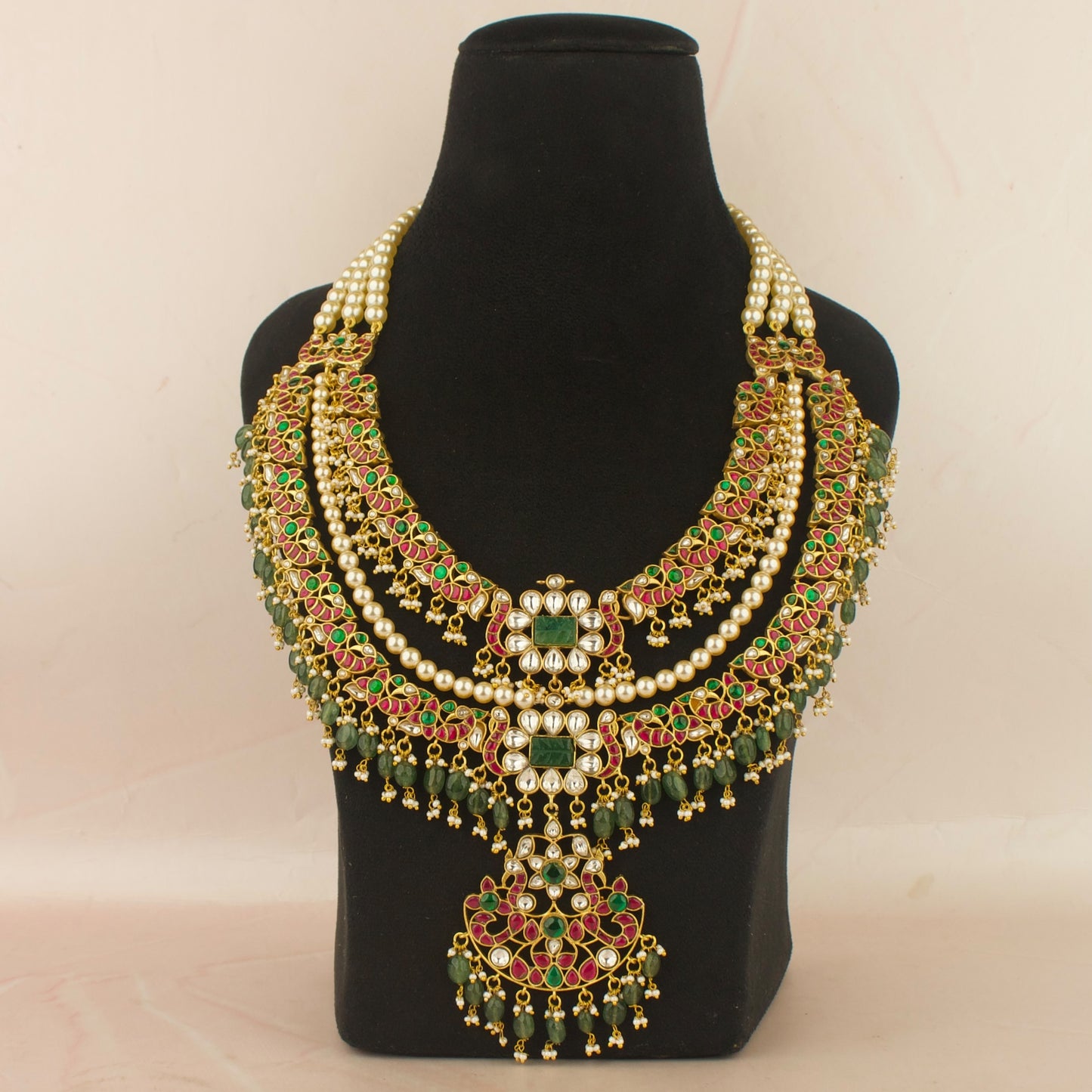 Bridal Floral 2/Layered Design Jadau Kundan Necklace with Swarovski Pearls Lines