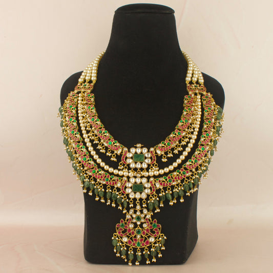 Bridal Floral 2/Layered Design Jadau Kundan Necklace with Swarovski Pearls Lines