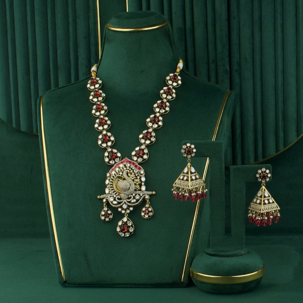 Opulent Victorian Polki Necklace Set with Peacock Motif