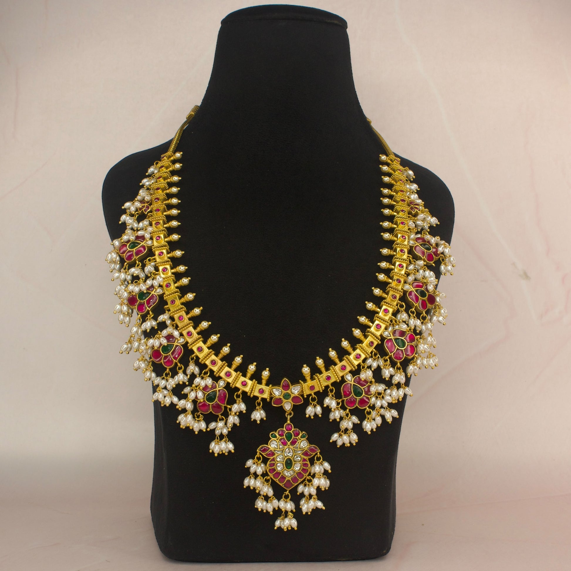 Opulent Jadau Kundan Rice pearl Guttapusalu Necklace with 22k Gold plating