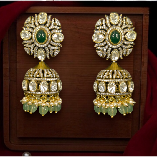 Victorian Moissanite Jhumka in pushback style. This Victorian Jewellery is available in a Green colour variant. 