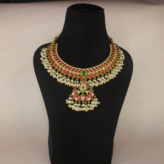 Guttapusalu Jadau Kundan Necklace with Rice Pearls with 22k gold plating. This product belongs to Jadau Kundan Jewellery category