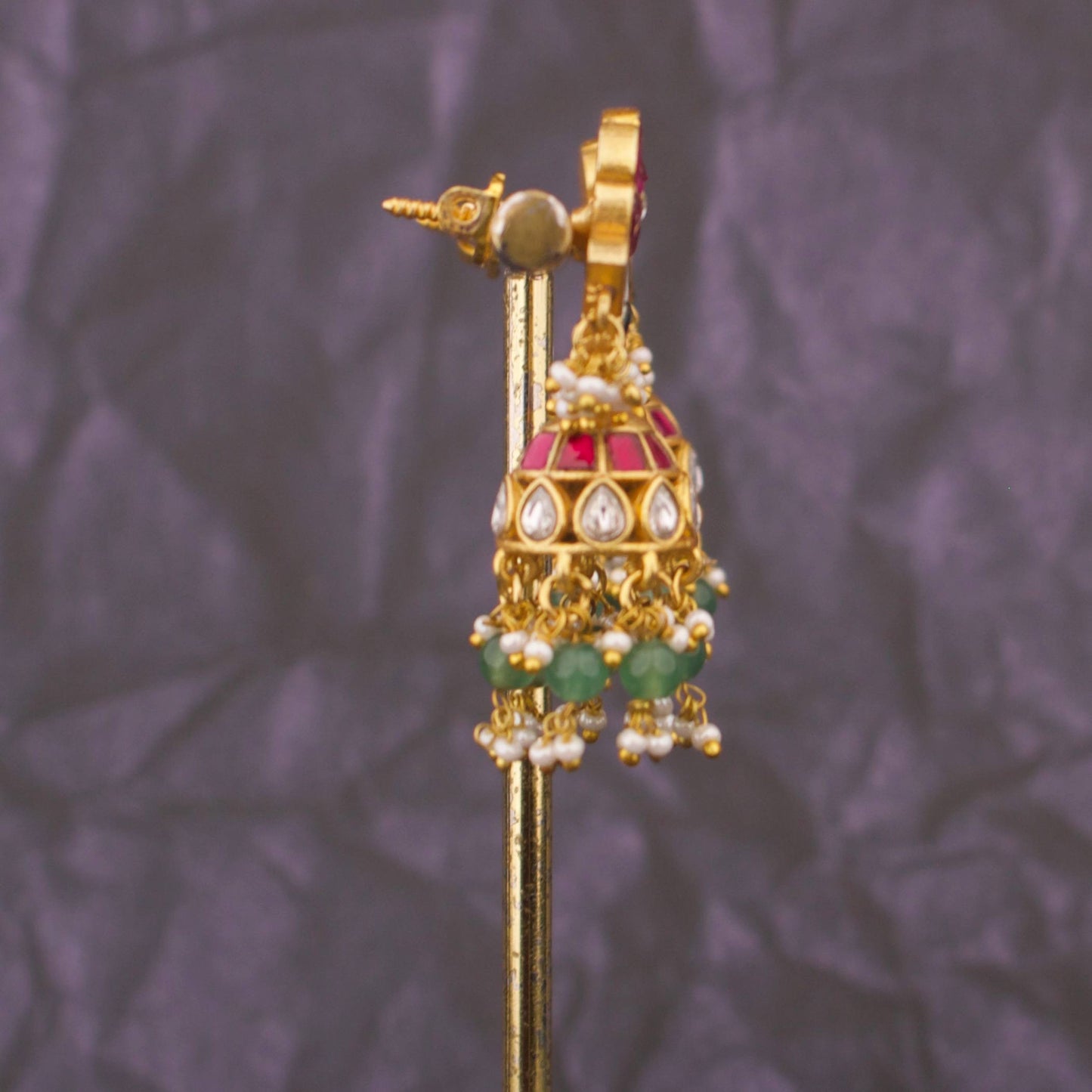 Minimal Jadau Kundan Studded Jhumka Earrings With Pearls And Green Drops