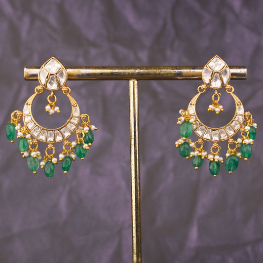 Stylish Chandbali Earrings With Emerald Bead Drops