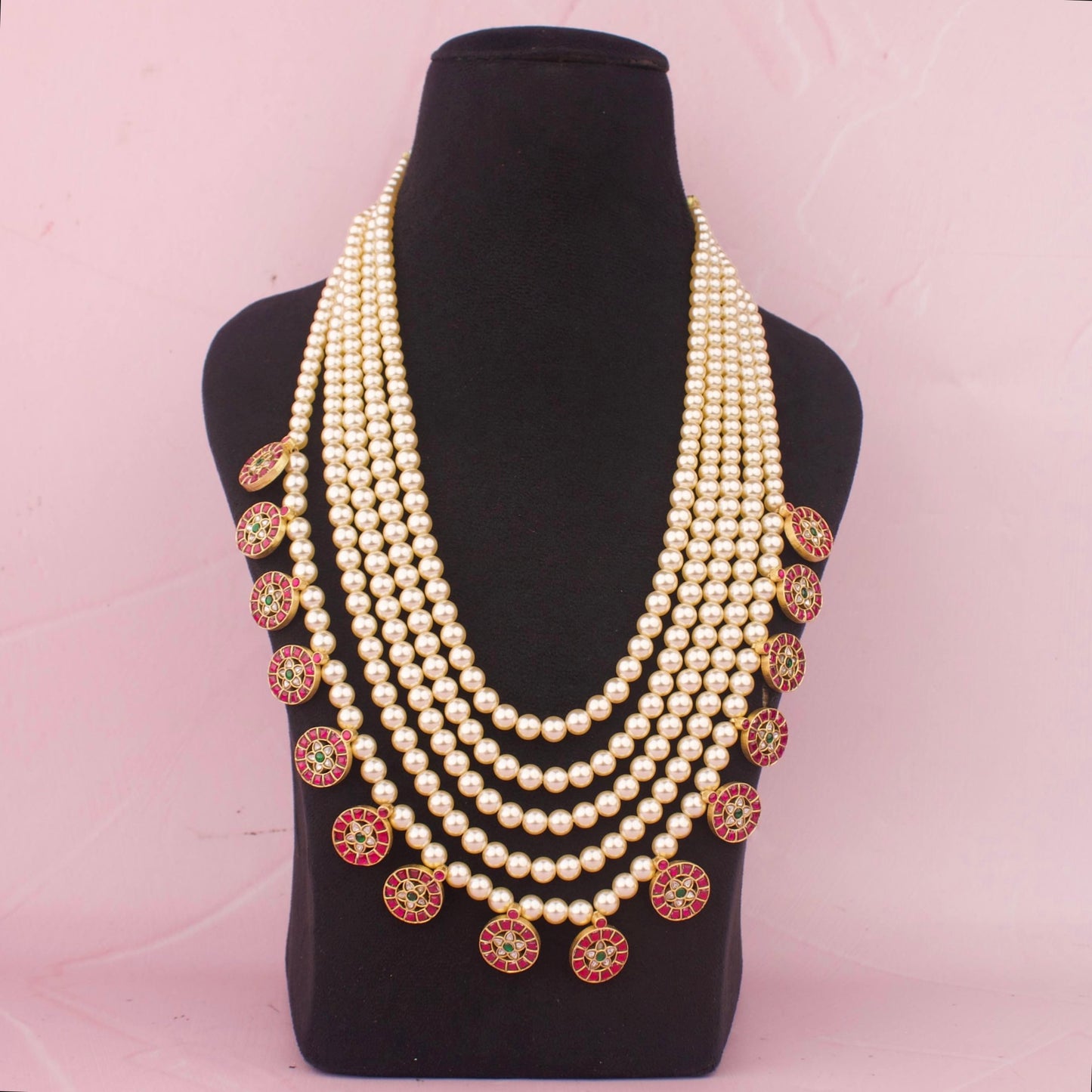Grand Jadau Kundan Swarovski Pearl Haram With Kundan Lockets