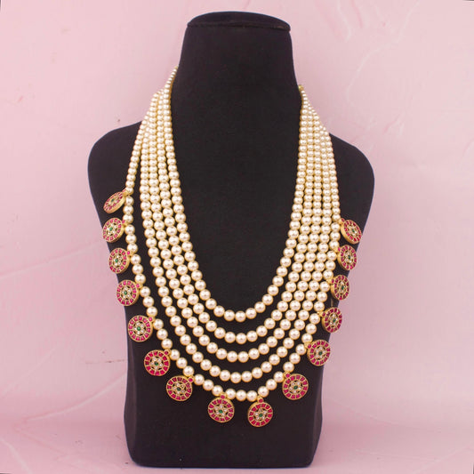 Premium gold Grand Jadau Kundan Swarovski Pearl Haram With Kundan Lockets adorned with ruby