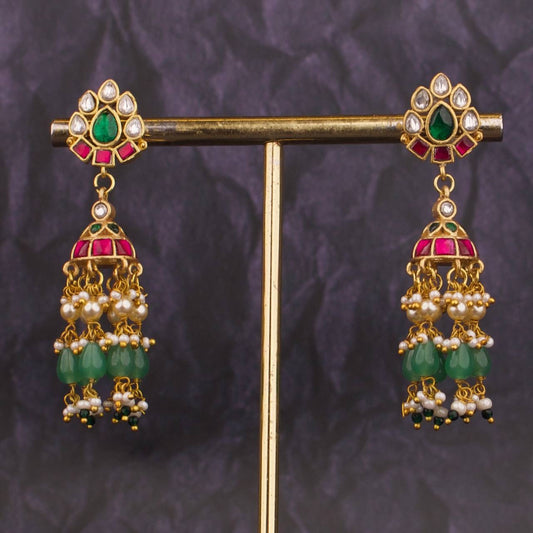 Floral Studded Jadau Kubdan Hanging Jhumki Earrings