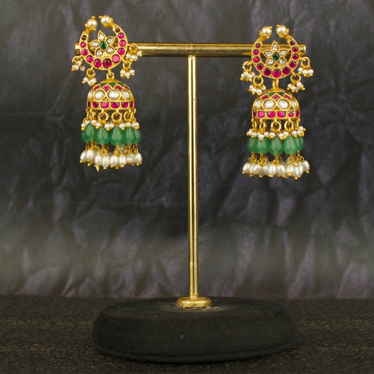 pair of jhumki earrings gold tone with pink stones and green beads
