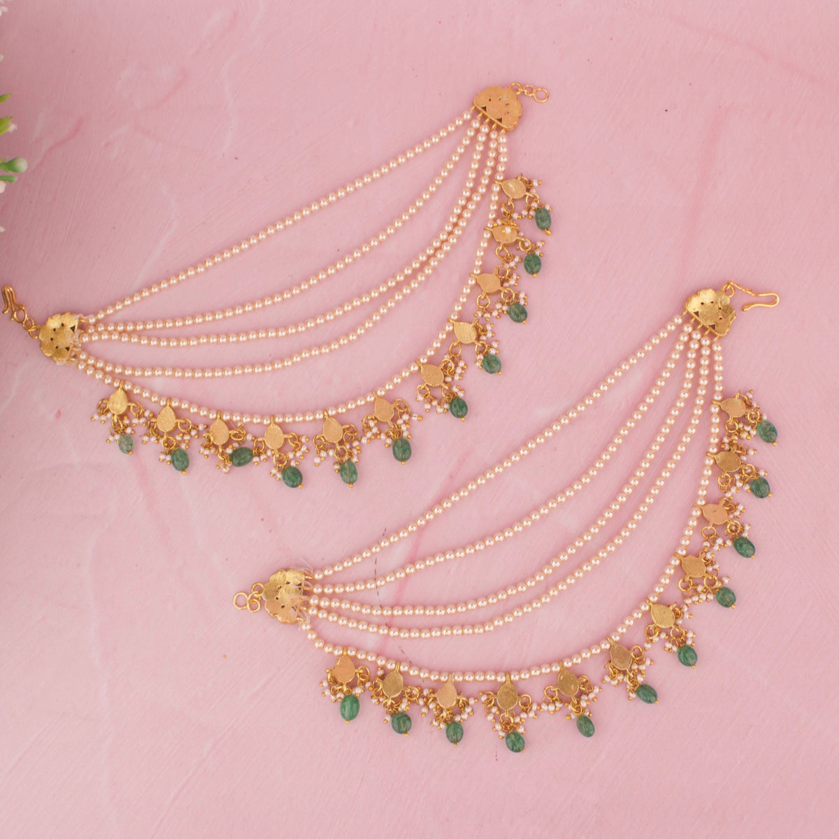 Pearl Jadau Kundan Champasaralu With Green Drops Styling Angle View 4 - Dulhan Jewels