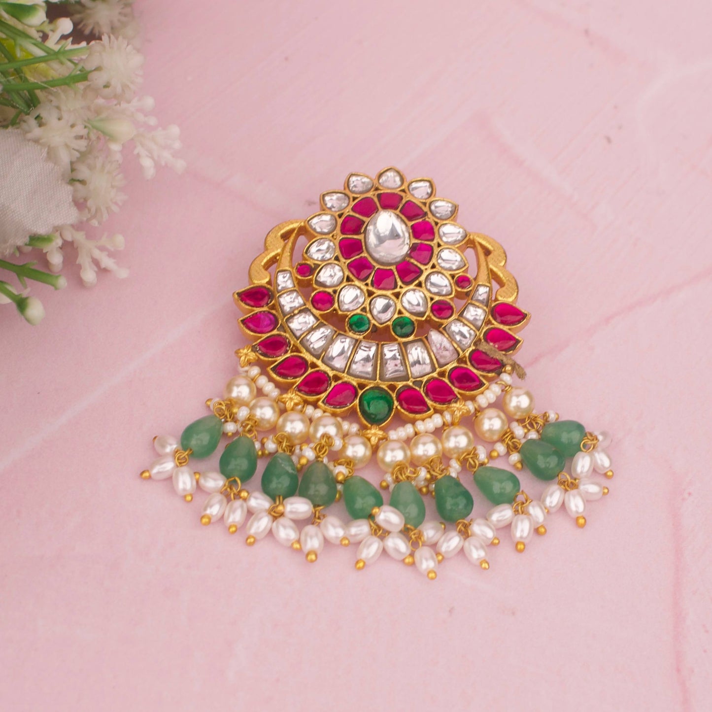 Classy Jadau Kundan Locket With Pearl Layering And Green Drops