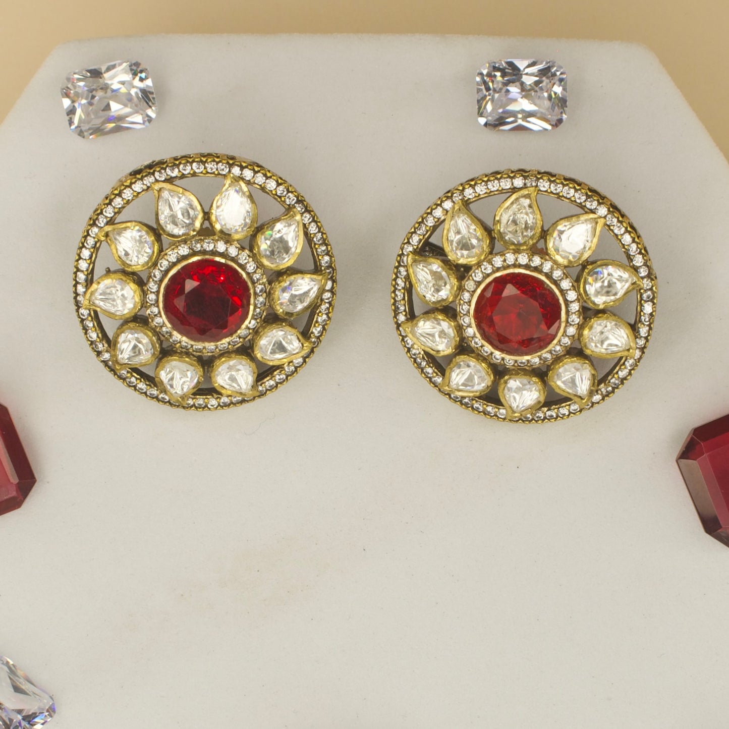 Big size Victorian finish polki studs with high quality victorian finish . Available in Red, Green & Purple