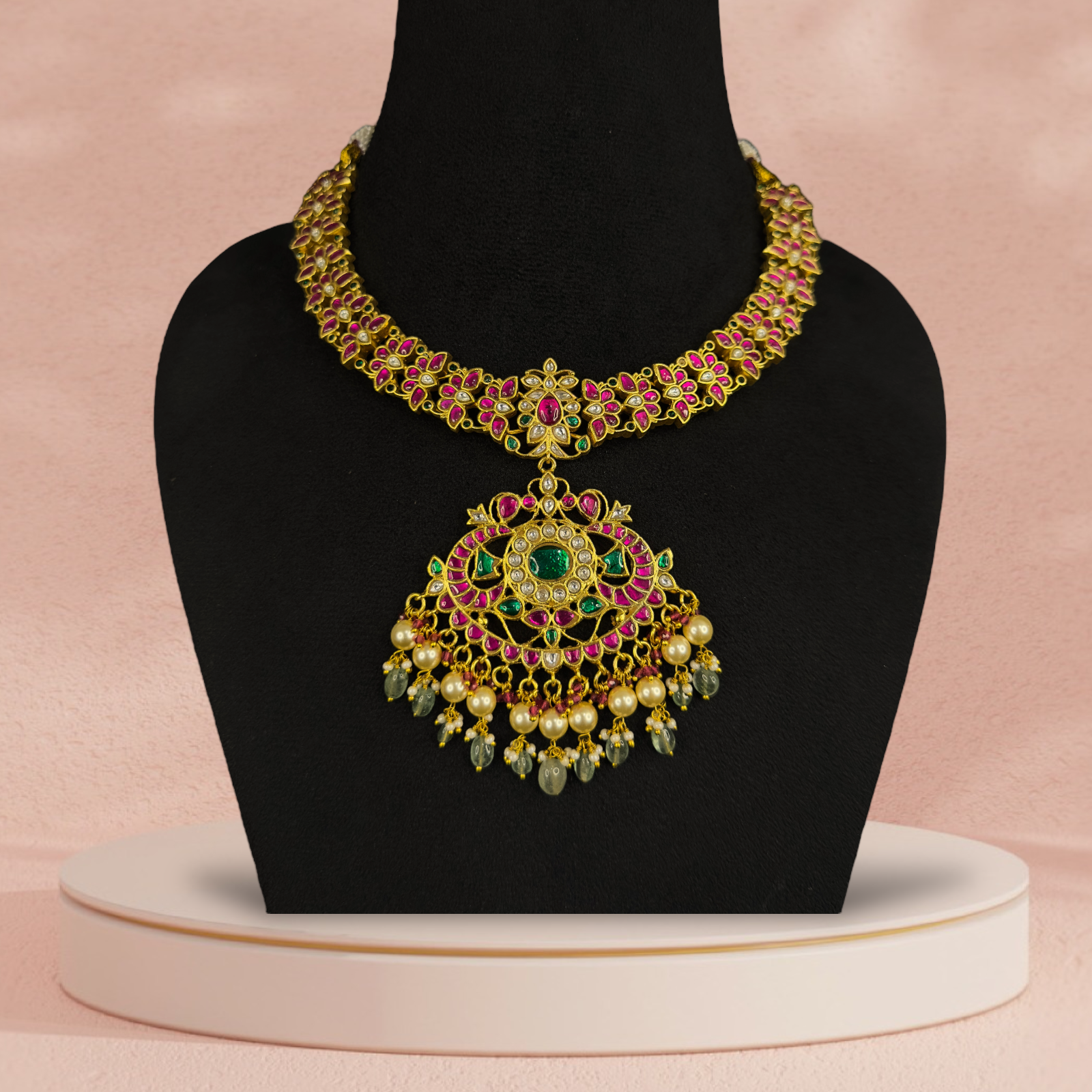 "Ornate Splendor: Exquisite Jadau Kundan Necklace with Pearl Adornments with 22k gold plating This product belongs to jadau kundan jewellery category