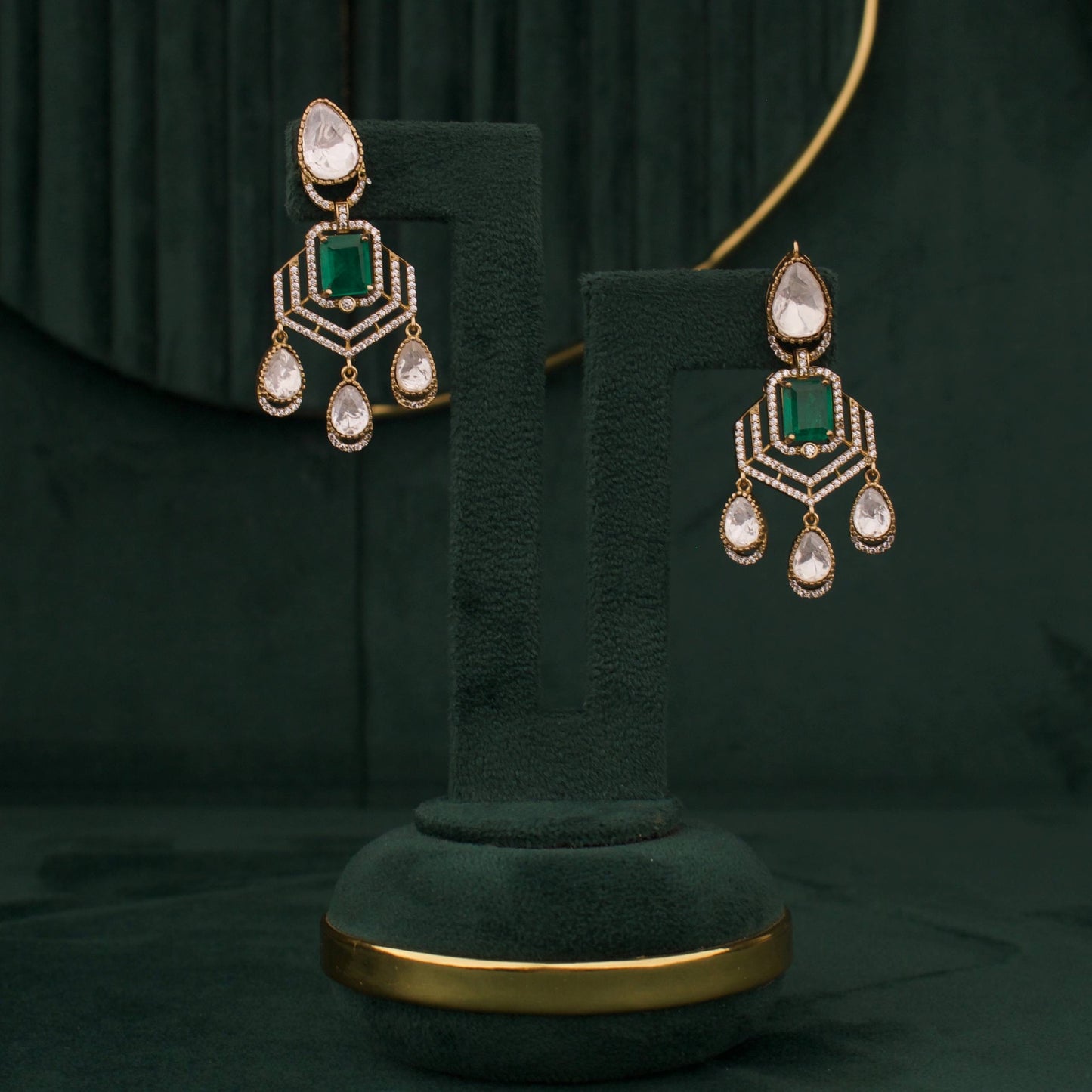 Victorian Emerald Polki Statement Choker Necklace Set With Drop Earrings