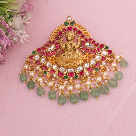 Divine Laxmi Devi Jadau Kundan Necklace With Pearl & Bead As Droplet