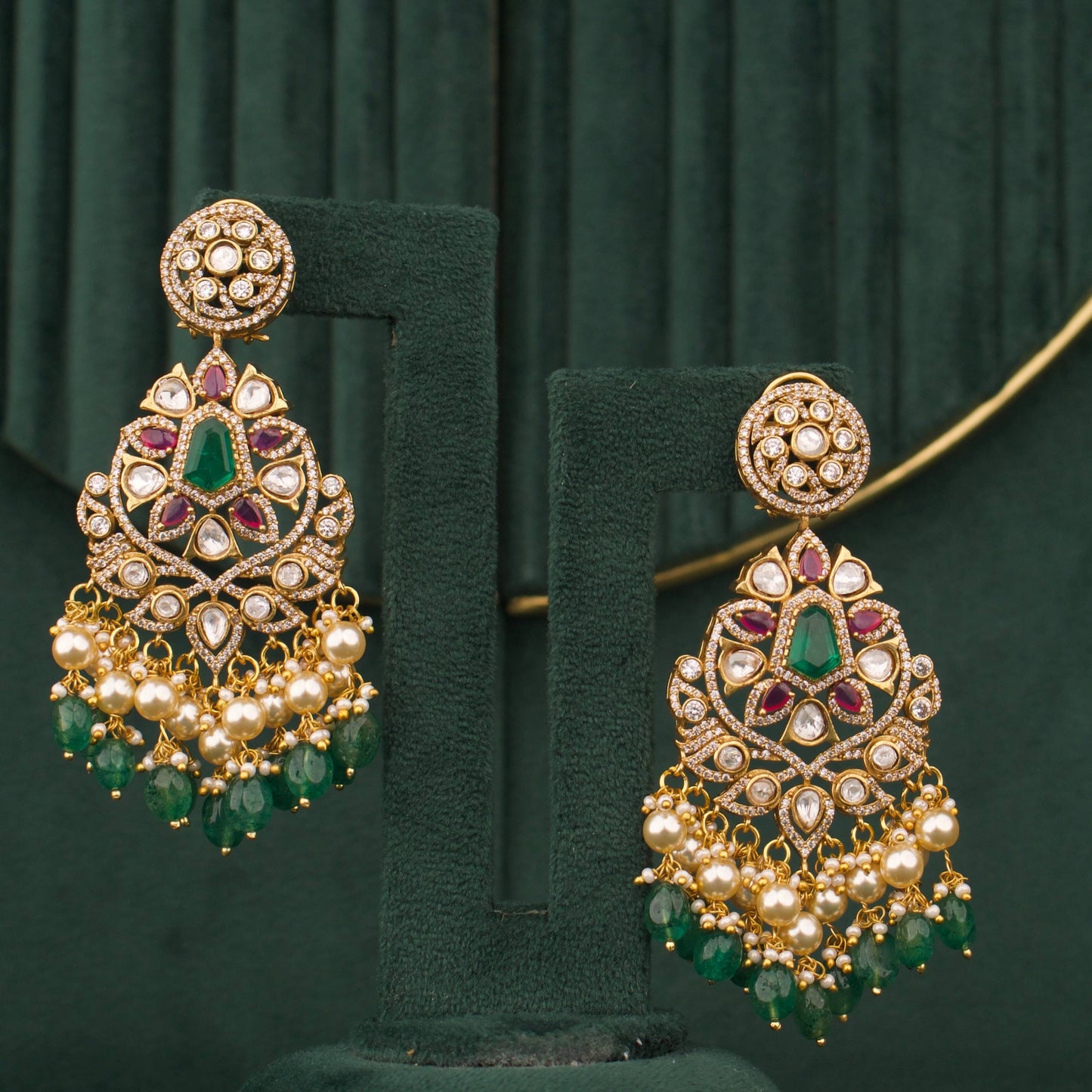 Victorian Polki Necklace Set With Emerald Center Pendant And Multi-Layer Design