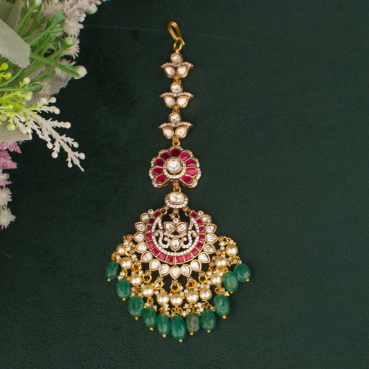 Premium Elegant Victorian Maang Tikka With Pearl And Emerald Hangings set worn for traditional