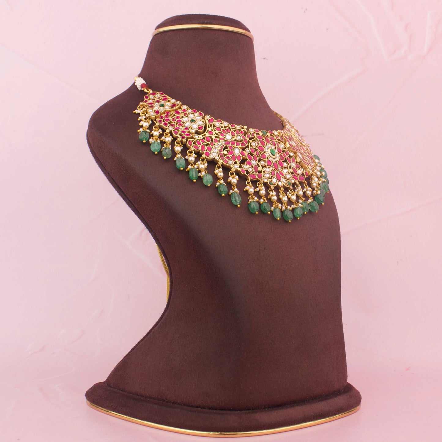 Gold Style Jadau Kundan Bridal Short Necklace With Floral Detailing, Pearl Layers And Emerald Green Drops
