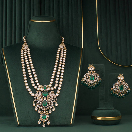 Premium Grand Layered Victorian Polki Set With Matching Earrings adorned with ruby stones,