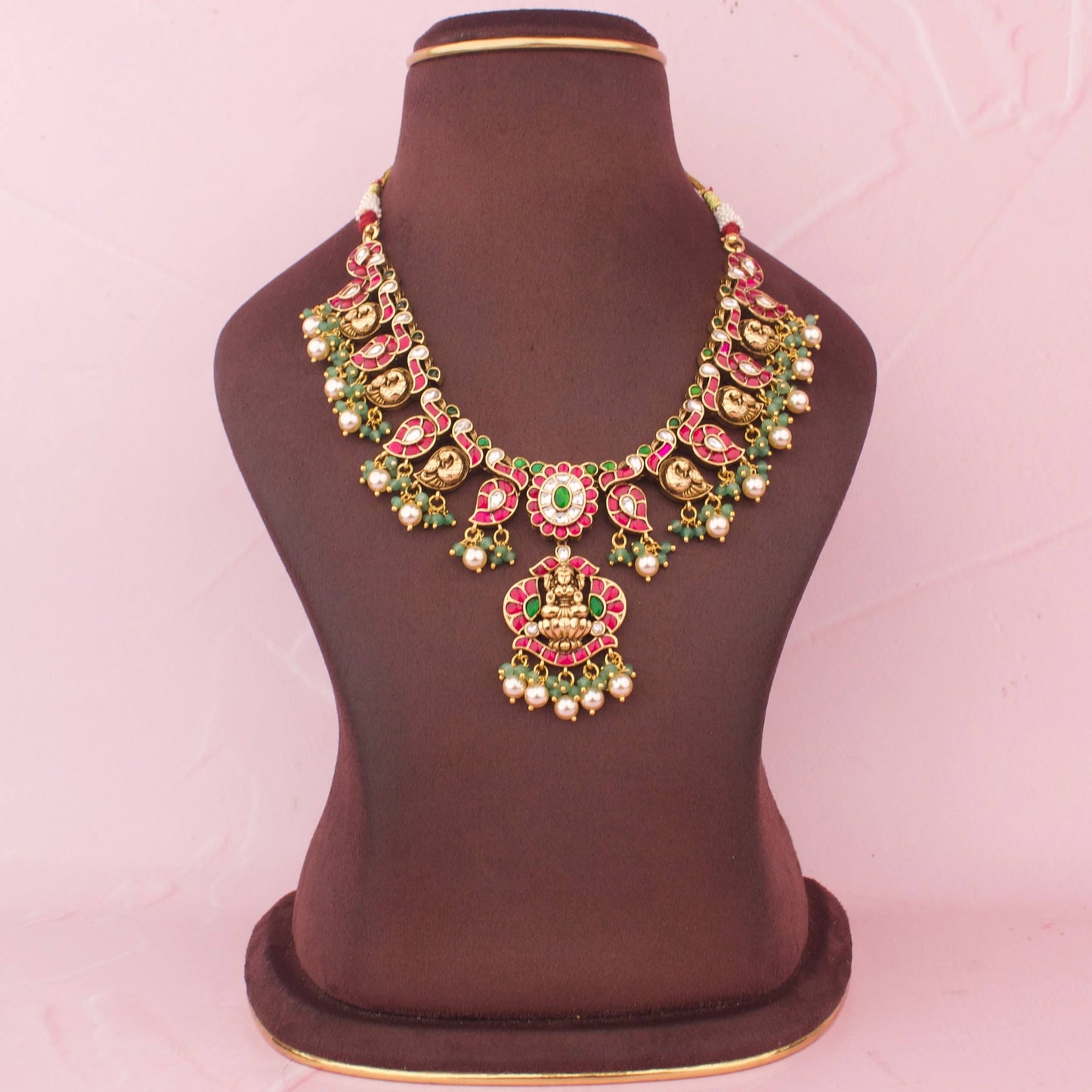 Designer Jadau Kundan Temple Necklace Set With Lakshmi Devi Pendant