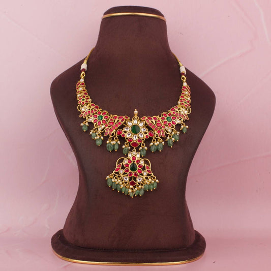 Sleek Peacock And Floral Design Jadau Kundan Short Necklace