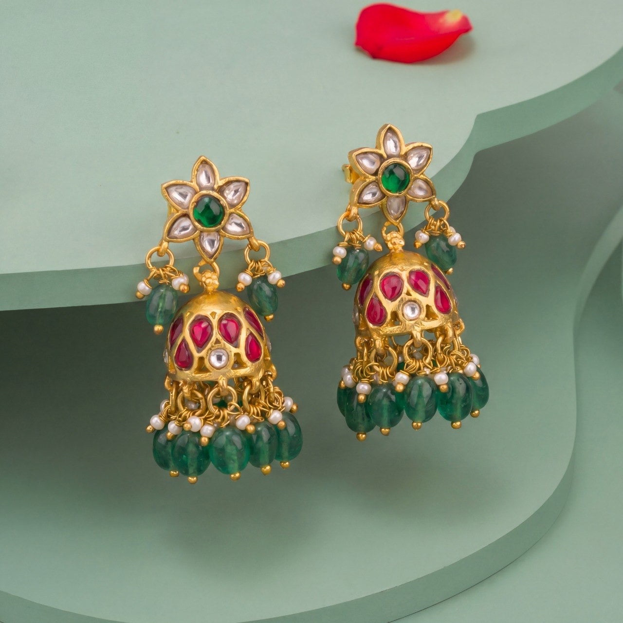 Floral Studded Sleek Jadau Kundan Jhumki Earrings