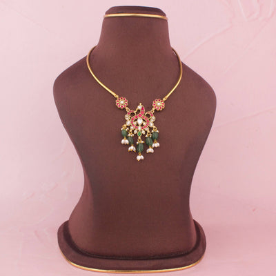 Minimal Jadau Kundan Hasli With Peacock Design - Handcrafted Indian Bridal Jewelry by Dulhan Jewels