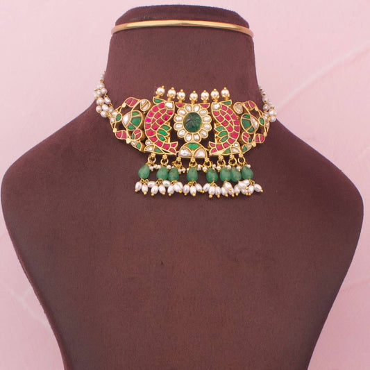 Multi Coloured Jadau Kundan Choker With Pearls Hanging At Top