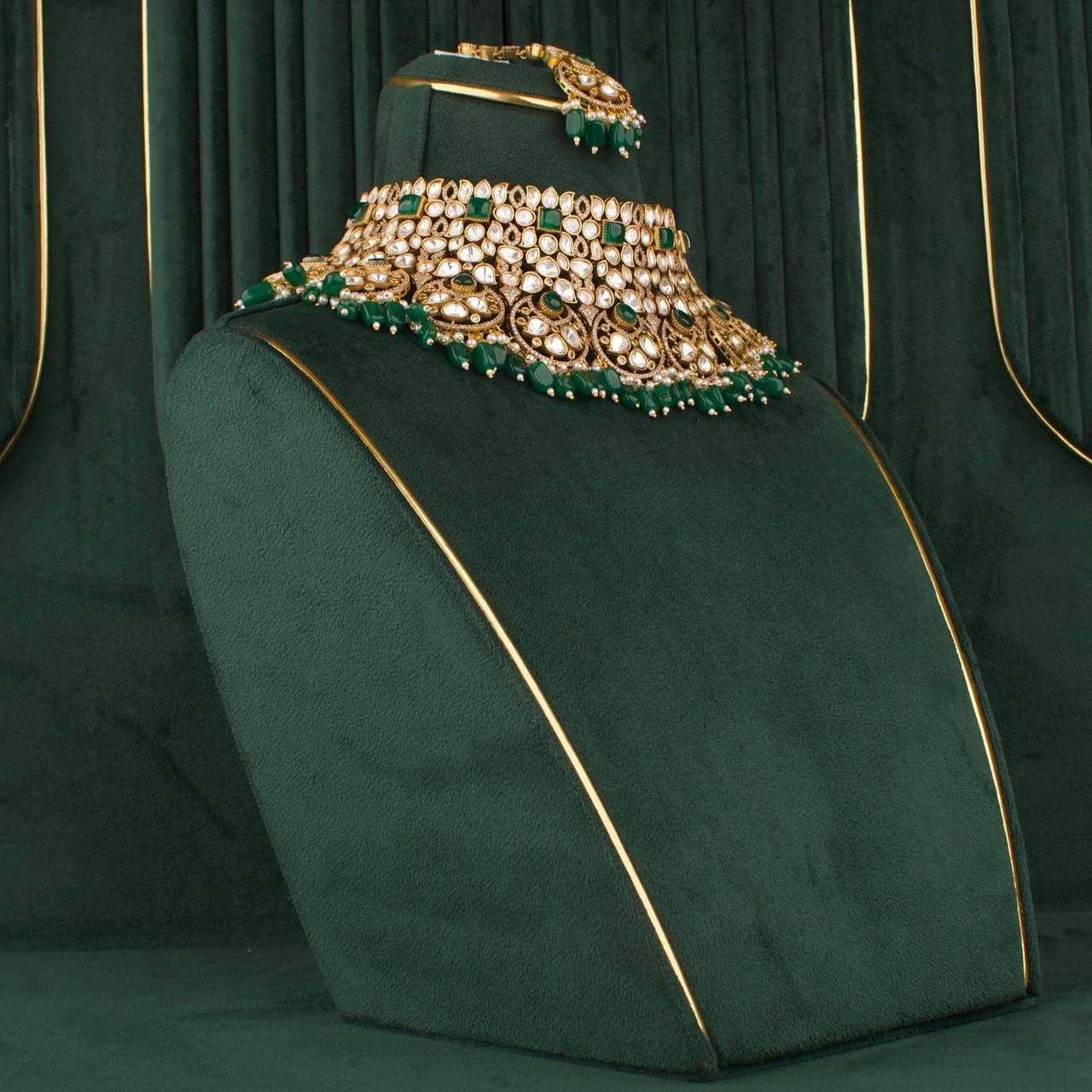 Grand Polki Choker Necklace Set With Matching Earrings & Maangtika