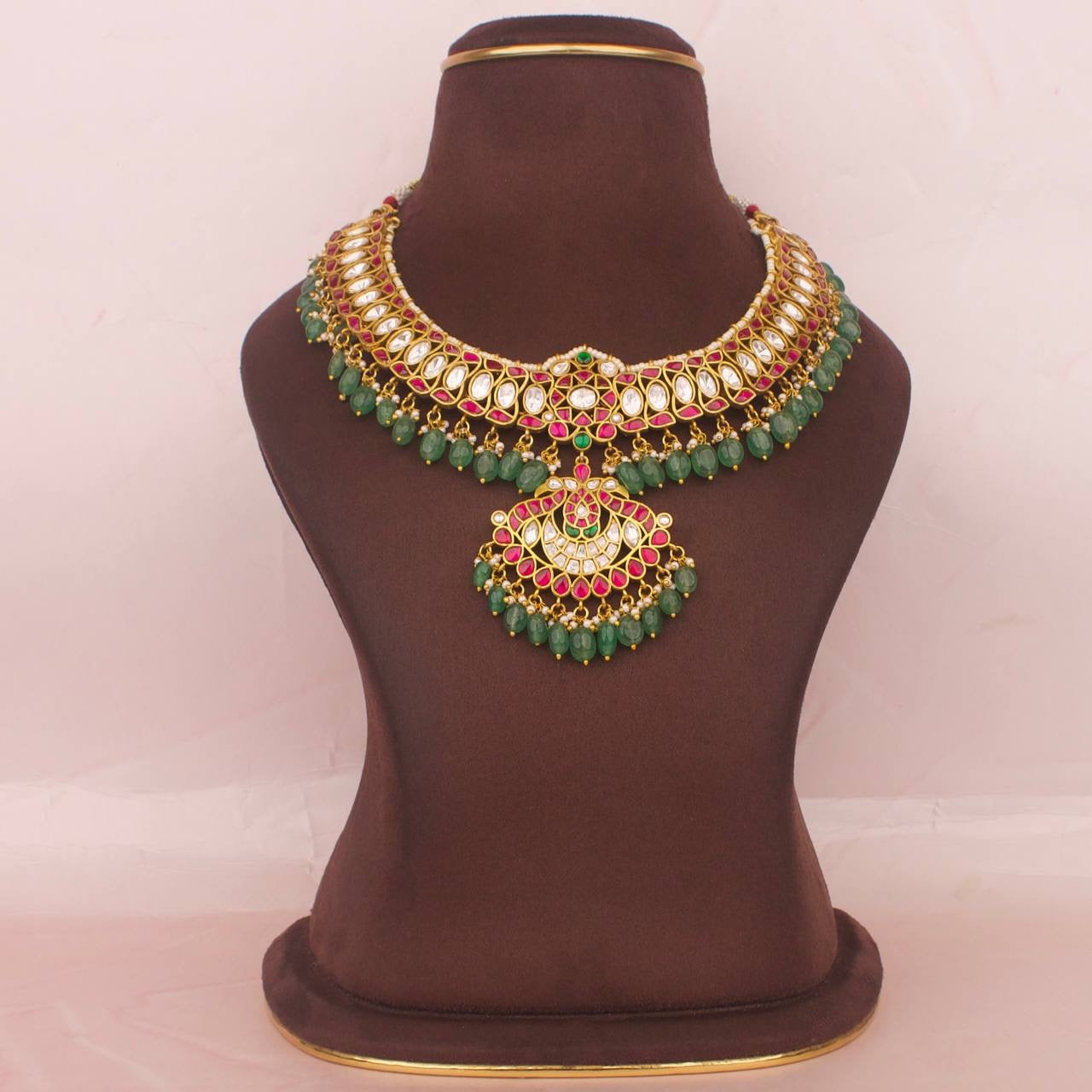 Elegant Jadau Kundan Necklace With Strawberry Beads As Hangings