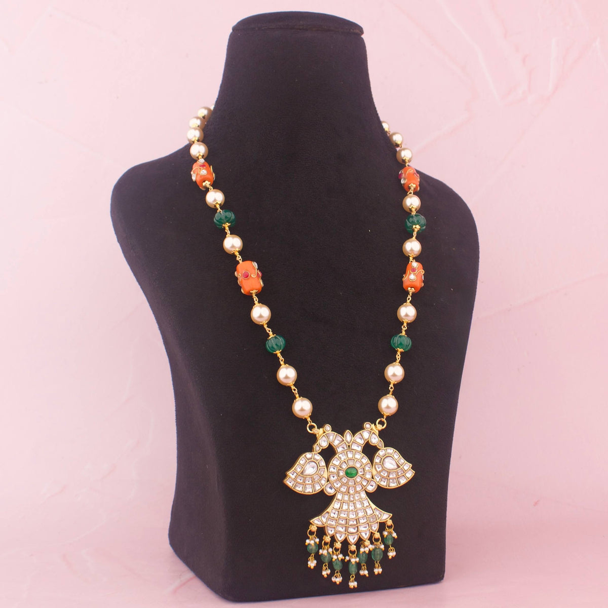 Reversible Jadau Kundan Beads Mala With Emerald Hangings