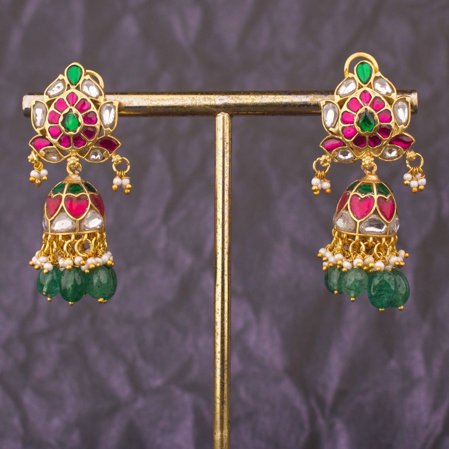 Lotus Design Jadau Kundan Jhumka Earrings With Green Hangings