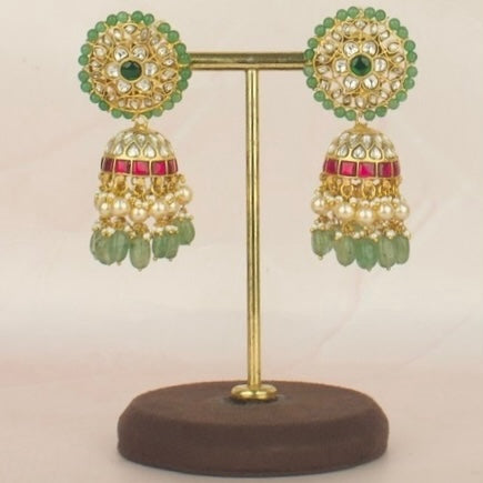 Bridal Floral Design Studded Jadau Kundan Jhumki with Green Beads
