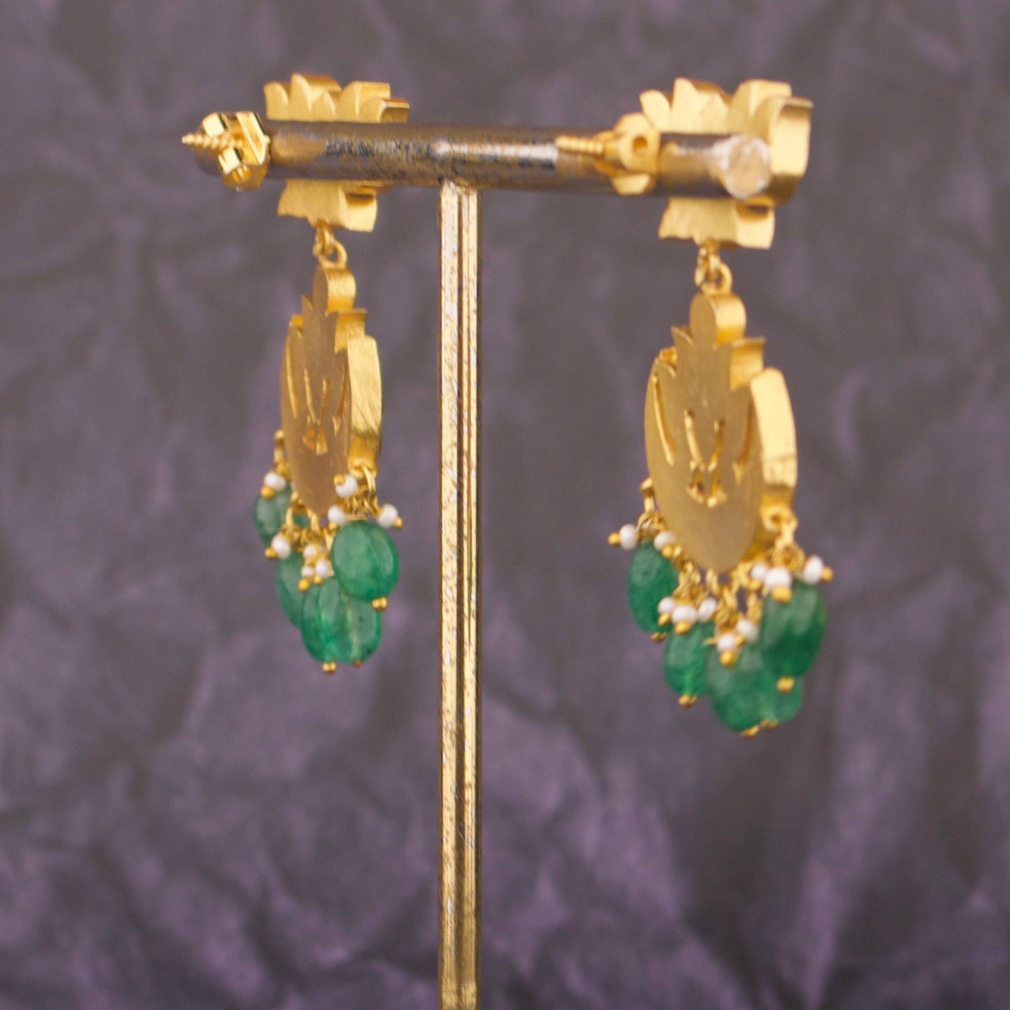 Lotus Design Jadau Kundan Chandbali Earrings With Emerald Drops