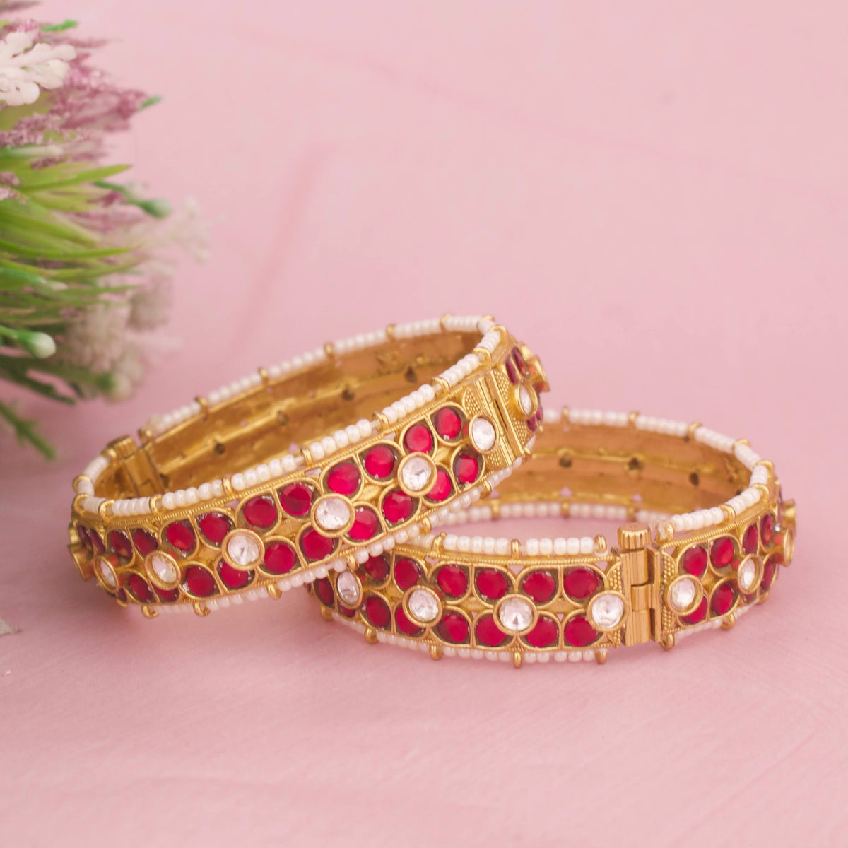 Gold Style Jadau Kundan Floral Bangles