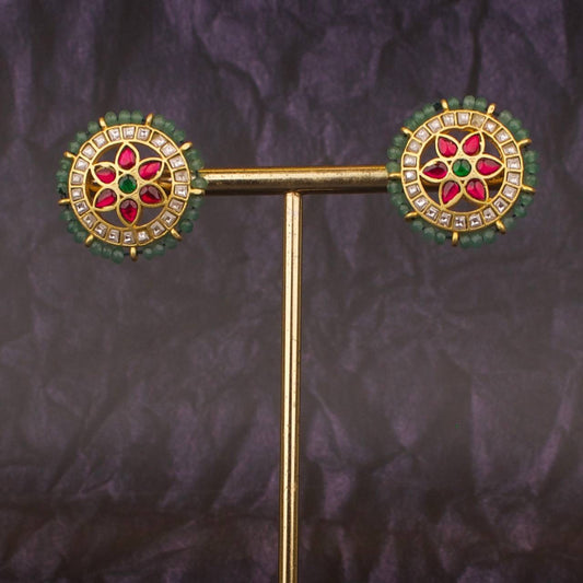 Circular Jadau Kundan Studs With Beads Bordering
