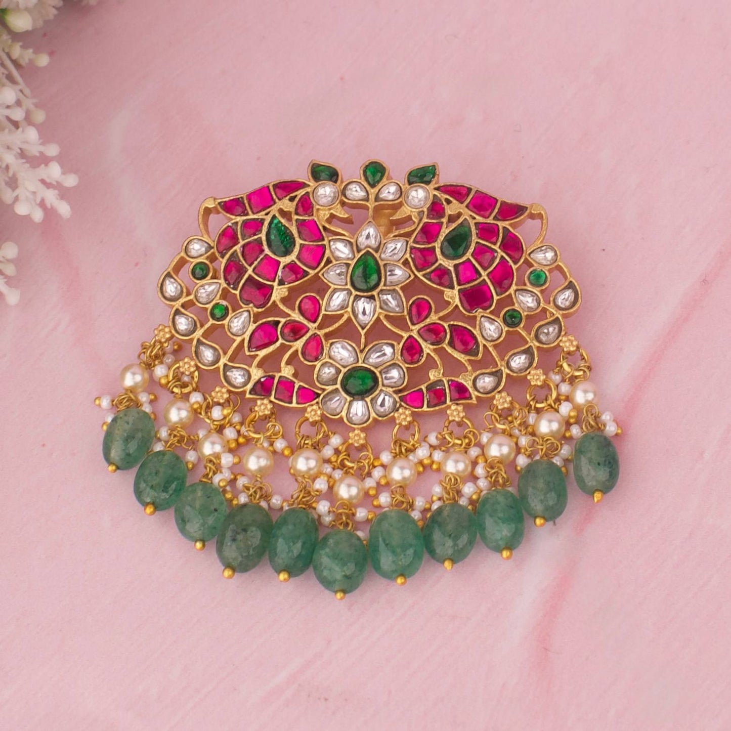 Refined Jadau Kundan Locket With Emerald Drops