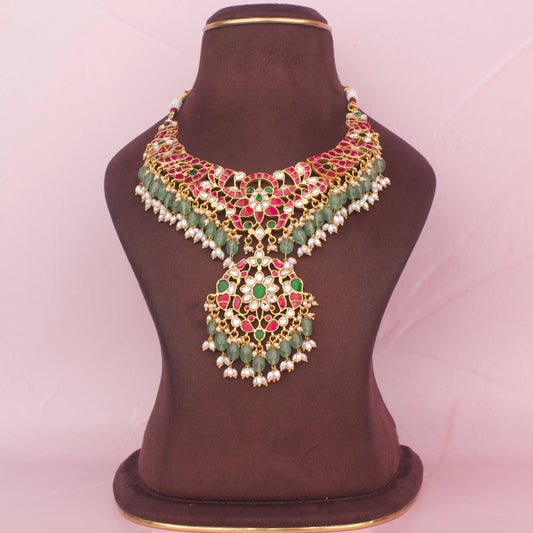 Gold Style Jadau Kundan Traditional  Necklace With Beads Hanging
