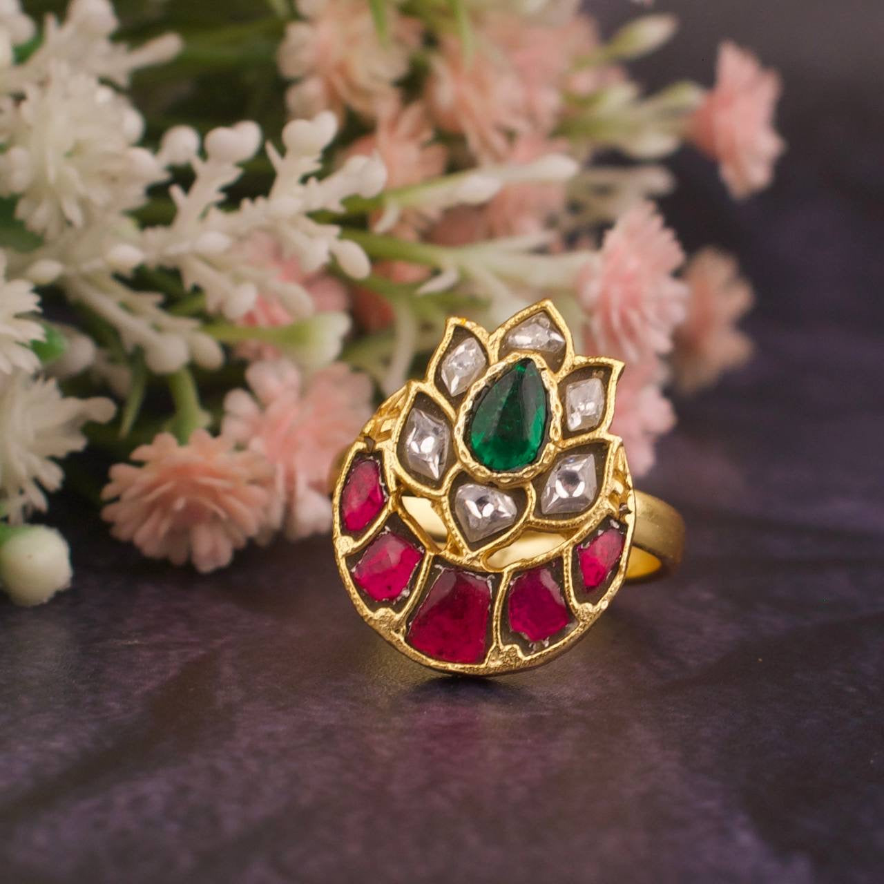 Floral Chand Design Jadau Kundan Finger Ring