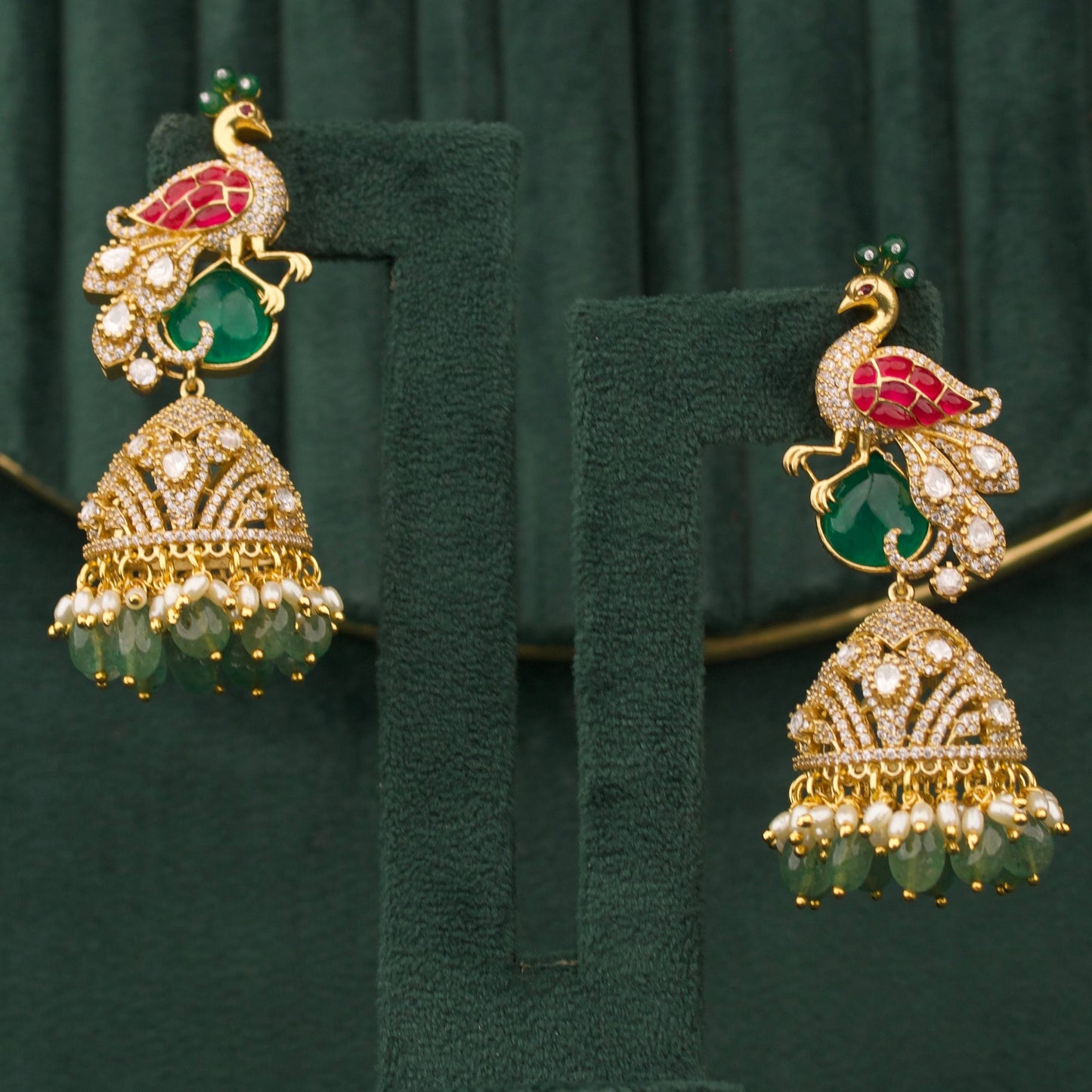 Lavish Peacock Victorian Jhumki Earrings With Emerald Beads