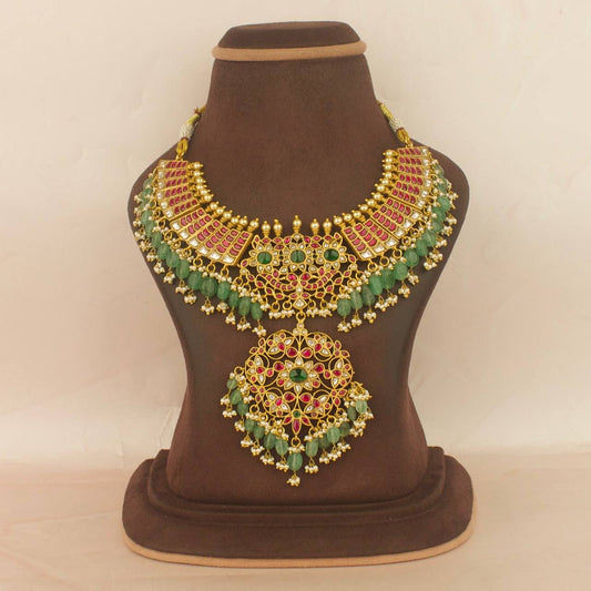 Gold inspired Jadau Kundan Necklace With  Bead Hangings