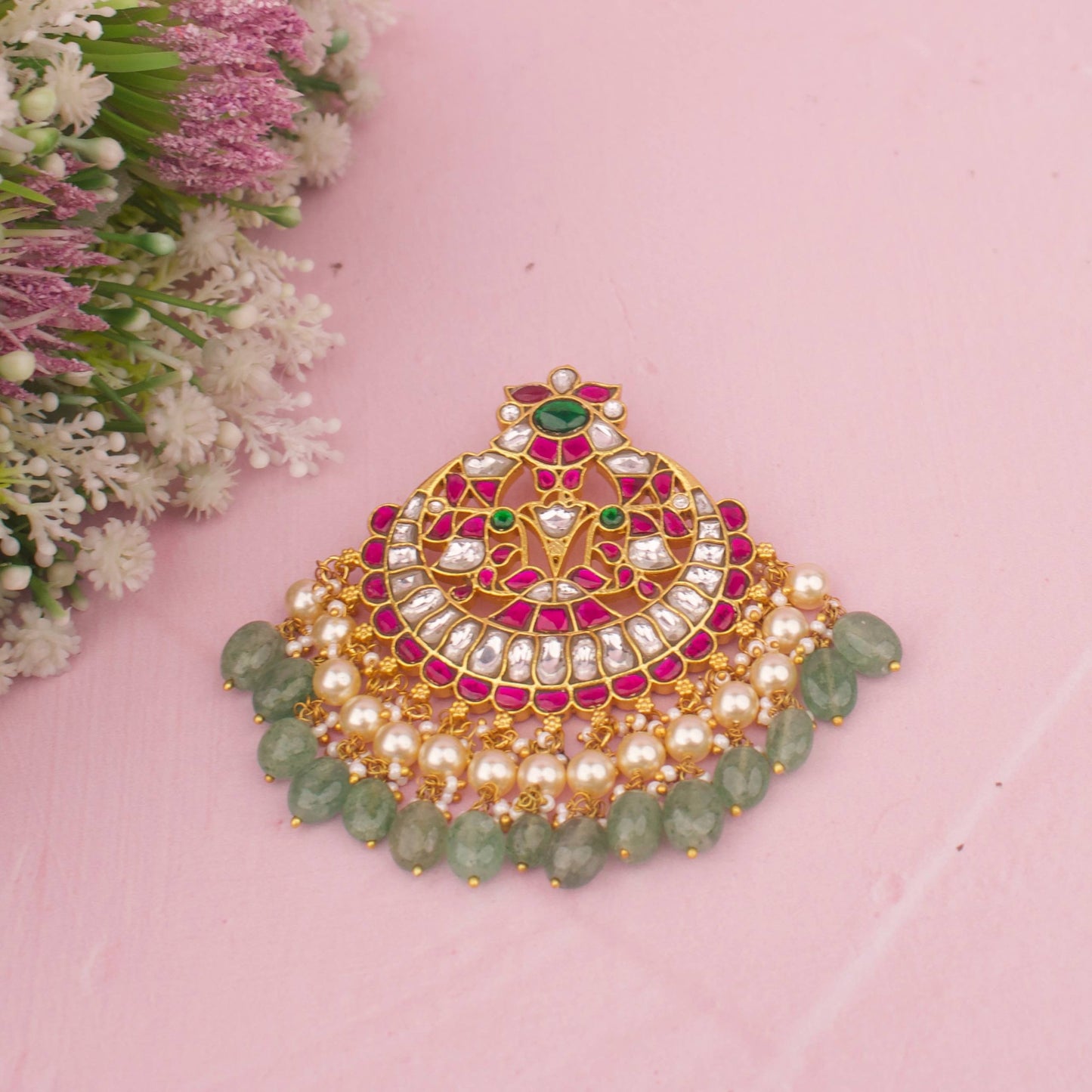 Timeless  Big Jadau Kundan Pendant With Pearl And Beads Hanging