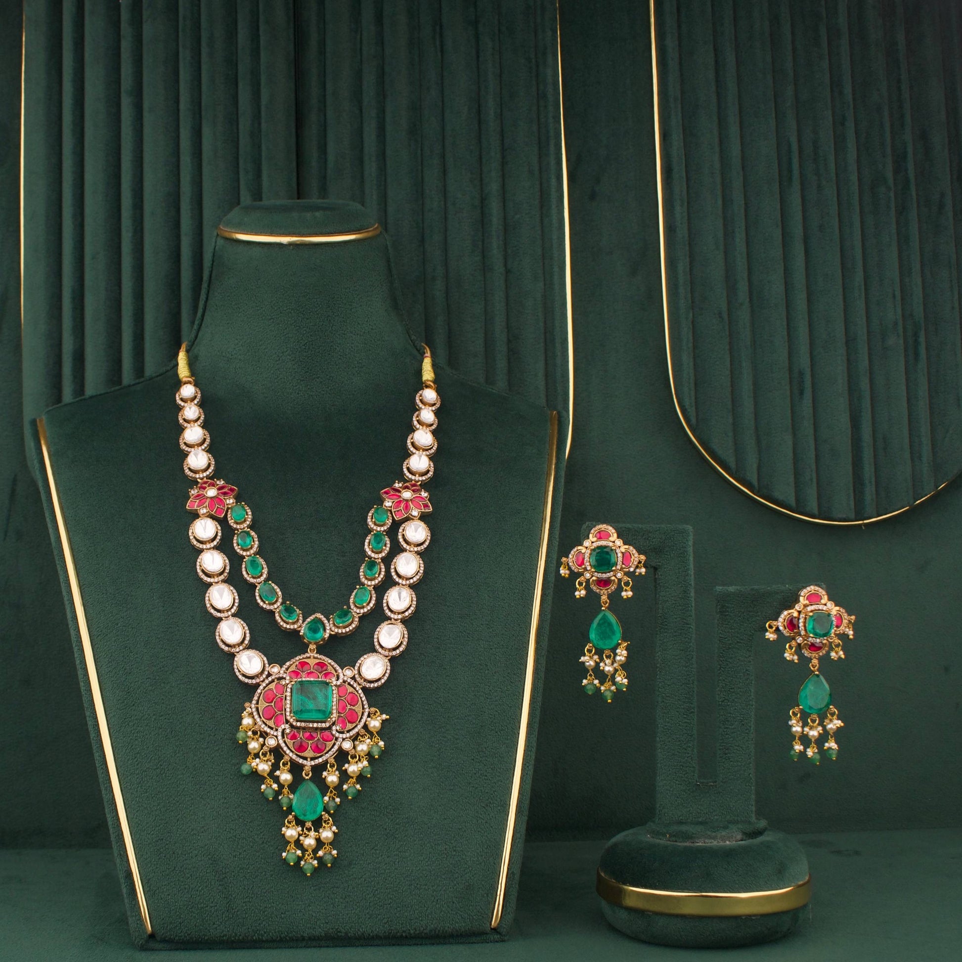 Graceful Victorian Necklace With Matching Earrings - Handcrafted Indian Bridal Jewelry by Dulhan Jewels