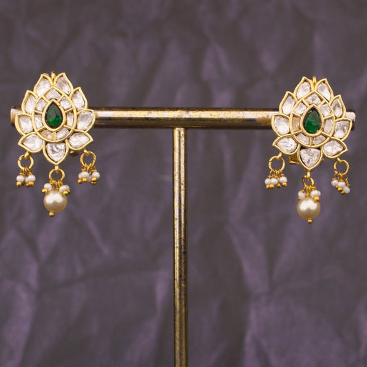 Elegant Polki Floral Stud Earrings With Emerald Stone And Pearls