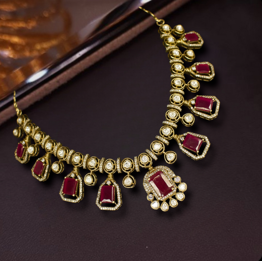 Beautiful Victorian Necklace Set with zircon, and moissanite polki stones , including matching earrings. This Victorian Jewellery is available in Ruby & Emerald colour variants. 