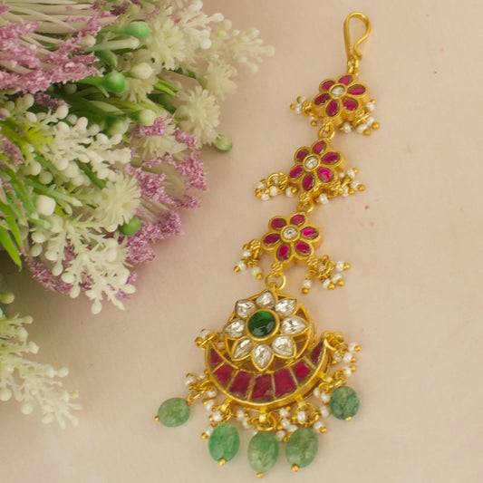 Floral Chandbali Design Jadau Kundan Long Maangtika with Green Beads