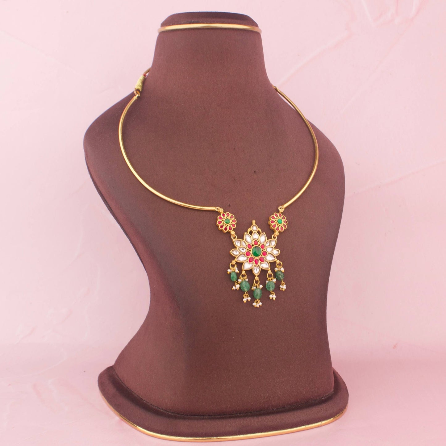 Minimal Jadau Kundan Kanti With Green Beads