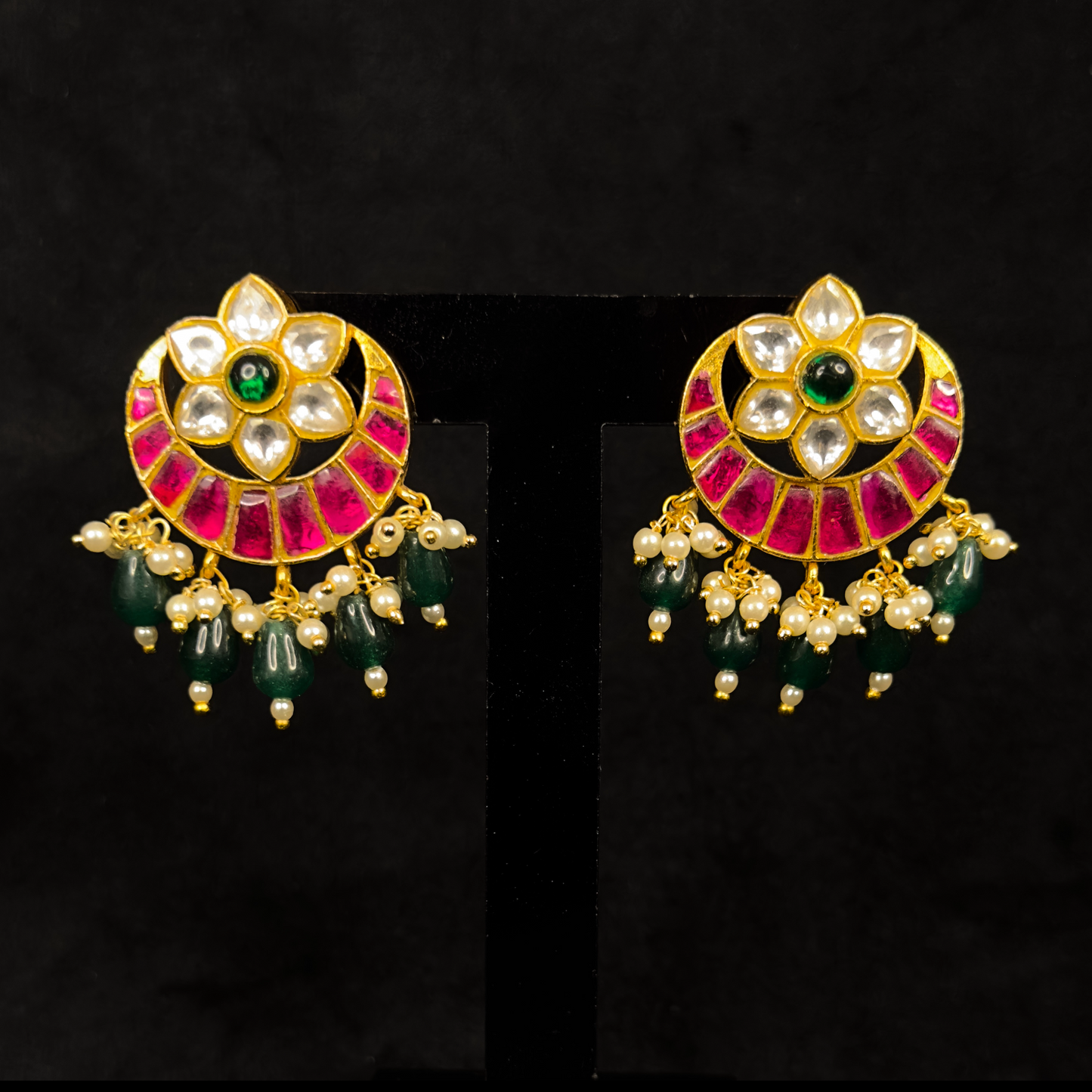 Beautiful Flower Jadau Kundan Stud Earrings with green beads