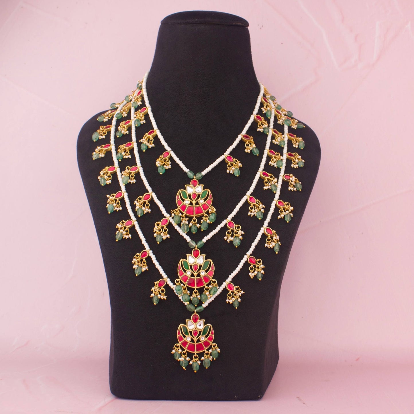 Heritage Triple-Layer Pearl Necklace With Jadau Kundan Floral Pendant
