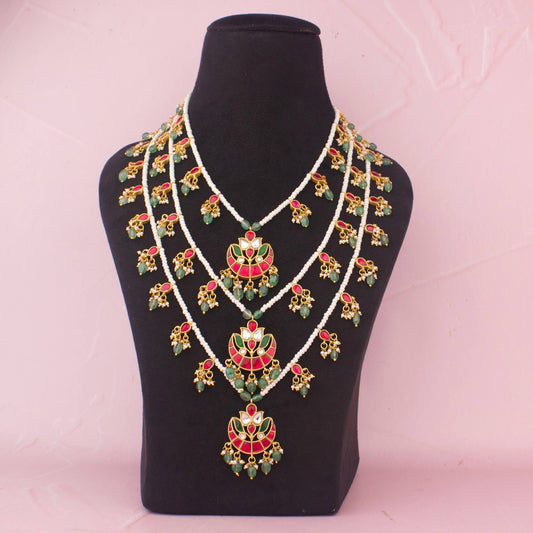 Heritage Triple-Layer Pearl Necklace With Jadau Kundan Floral Pendant