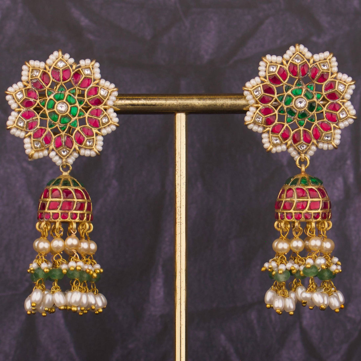 Charming Floral Studded Jadau Kundan Jhumki With Guttapusalu Hangings